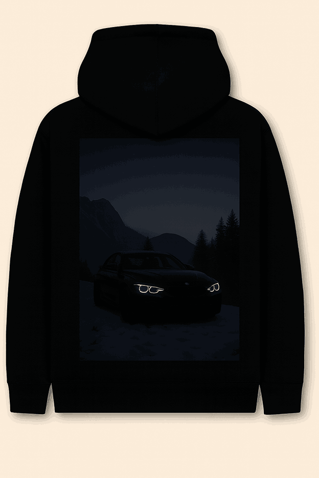 Midnight Drive Hoodie – Black Streetwear Pullover with Car & Mountain Graphic