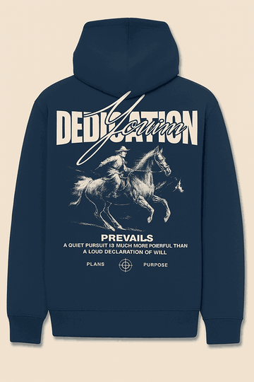 DEDICATION Hoodie – Motivational Horseback Graphic Streetwear (Navy Blue)