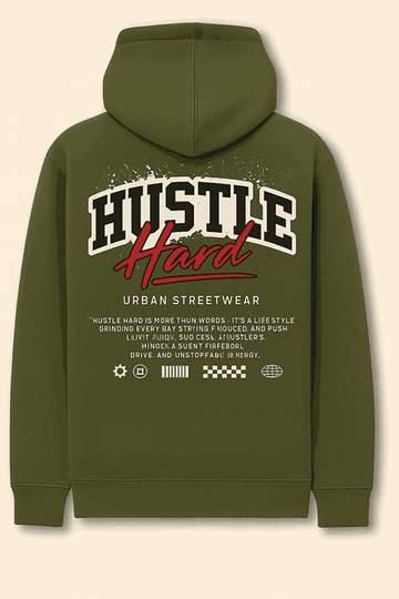 HUSTLE HARD Hoodie – Olive Green Motivational Streetwear Pullover
