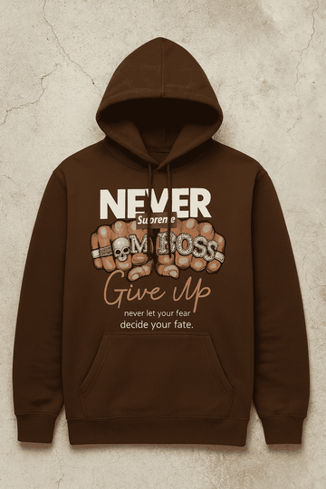 Unisex Brown Hoodie – Never Give Up Streetwear Graphic Pullover