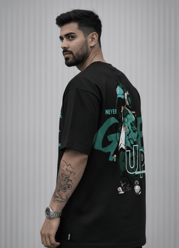 Men’s Drop Shoulder Oversized T Shirt with Back Graphic Print, Never Give Up Streetwear Relaxed Fit Tee