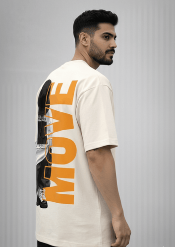 Men’s Drop Shoulder Oversized T Shirt with Back Graphic Print, MOVE Streetwear Relaxed Fit Tee