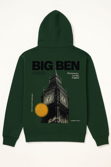Unisex Dark Green Hoodie – Big Ben London Landmark Graphic Pullover